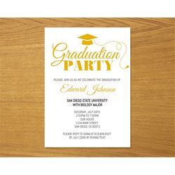 Graduation Party Invitation Template, Gold Graduation Announcement Grad Cap, Graduation Invitation, High School, College