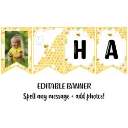 editable bee banner, bee birthday banner, 1st bee-day decor, template