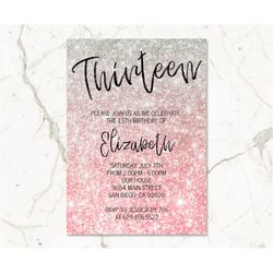 Glitter Pink & Silver Birthday Invitation Template/Girls Women Kids Teens/ANY AGE/Template Pink Glitter Birthday Invitat
