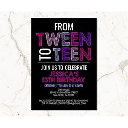 13th Birthday Invitation Template, Black Pink Purple Tween to Teen Birthday Invitation, for Teens Girls Kids, Instant Do