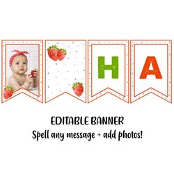 editable strawberry banner, strawberry birthday banner, berry 1st birthday decor, template