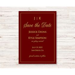 Burgundy Save the Date Cards Template/Moron & Gold Save the Dates Postcard/Modern Red and Gold Save the Date Announcemen