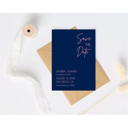 Pink & Blue Save the Date Cards Template/Navy Blue and Rose Gold Save the Date Announcement Calendar Printable/Instant D