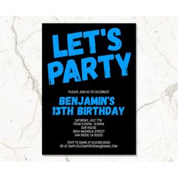 Black and Blue Birthday Invitation for Boys Teens Kids/ANY AGE & Color/Blue Birthday Invitation Template/Instant Downloa