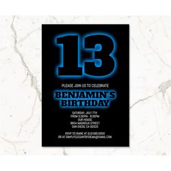 Black & Blue Birthday Invitation for Boys Teens Kids/ANY AGE/Neon Blue Birthday Invitation Template/Instant Download/Glo