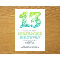 Neon Green Birthday Invitation for Teens Boys Teenagers Girl Adults Kids/ANY AGE/Blue Green Black Birthday Invitation/In