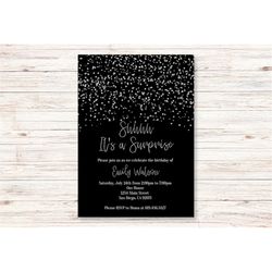 Black and Silver Birthday Invitations/Edit Yourself/Editable Silver Confetti Birthday Invitations for Men Women/Instant