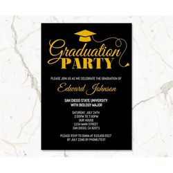 Gold & Black Graduation Party Invitation Template, Graduation Announcement, Graduation Cap, Graduation Invitation for Hi