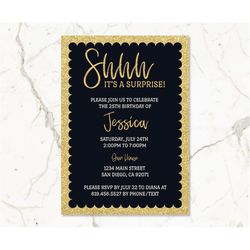 Black and Gold Birthday Invitations Template/ANY AGE/Printable Glitter Gold Border Birthday Invitations for Men Women/In