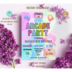 Editable Arcade Party Birthday Invitation Tie Dye Neon Video Gaming Arcade Birthday Party Neon Glow Gaming Party Instant