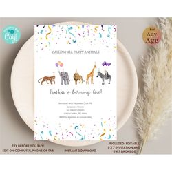 Editable Party Animals Birthday Invitation, Calling all party Animal Birthday invitation, Safari party theme, Baby anima
