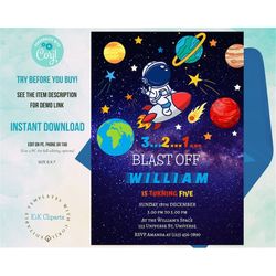 Space Birthday Invitation Outer Space Birthday Planet Rockets Spaceship Astronaut Invite Galaxy Blast off Invitation EDI