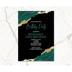 Editable Green, Gold, & Black Birthday Invitations/ANY AGE/Luxury Green Birthday Invitation Template/Instant Download/Ad