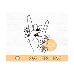 Rock on hand svg #2, Heavy metal hand with flowers svg, Sign of the horns svg, png files