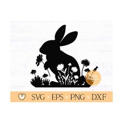 Floral Bunny svg, Bunny Silhouette svg, Bunny in Meadow svg, png file