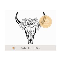 Bull skull with flowers svg, Floral cow skull svg, png files