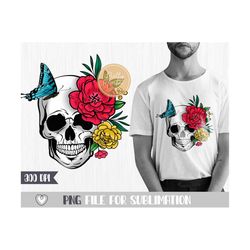 Floral skull PNG, Sublimation design, Skull with flowers and butterfly, Sublimation downloads, T-shirt design