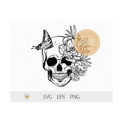 Skull with flowers svg, Floral skull svg, Skull with butterfly svg, svg files for cricut