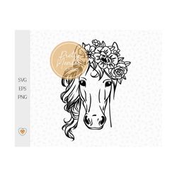 Horse with flower crown svg, Floral horse svg, Horse head png, Horse lover, svg files for cricut
