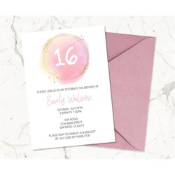 Pink Watercolor Invitations/Pink Gold Birthday Party Invitation Template for Girls Women Adults Kids/Modern Marble Birth