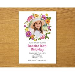 pink floral birthday party invitation with photo template, pink flowers birthday invitation for kids, teens, girls, corj