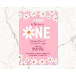 Retro Daisy First Birthday Party Invitations, Printable Instant Download, Editable Template, Retro Pink Floral First Bir