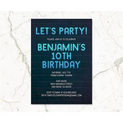 Neon Blue Birthday Party Invitation for Boys Teens Kids/ANY AGE/Neon Blue Birthday Invitation Template/Instant Download/