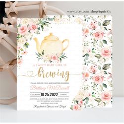 editable tea party baby shower invitation template, tea party , pink floral girl baby is brewing, digital printable inst