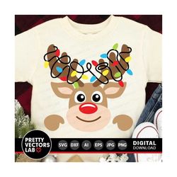 Reindeer Svg, Christmas Cut Files, Reindeer with Christmas Lights Svg Dxf Eps Png, Kids Shirt Design, Funny Deer Clipart, Silhouette, Cricut