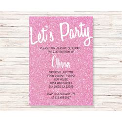 Pink Glitter Birthday Invitation for Girls Women Teens Kids/ANY AGE/Sparkle/Pink Birthday Invitations Template/Instant D