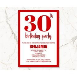 Red Birthday Invitations for Men Women Adults/ANY AGE & Color/Edit Yourself Corjl/Red Birthday Invitation Template/Digit