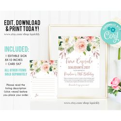 EDITABLE Floral Rose Gold Time Capsule and Matching Note Cards Floral Blush Rose Gold 1st Birthday Time Capsule Printabl