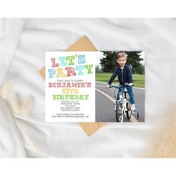 simple colorful birthday invitation with photo template, any age, instant download birthday invitation for boys teens ki