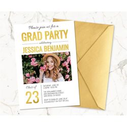 class of 2023 graduation party invitations with photo template, gold graduation announcement, high school grad, college