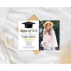 Class of 2023 Graduation Party Invitation With Photo Template, Gold Graduation Announcement, Graduation Cap, High School