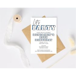 White & Blue Birthday Invitation for Boys Teens Kids/ANY AGE/Simple Blue Birthday Invitation Template/Instant Download/C