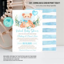 Editable Teddy Bear Virtual Baby Shower Invitation Boy Distance Baby shower Invite Bear Quarantine Printable template di