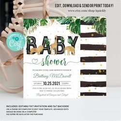editable jungle gold baby shower invitation, wild one baby shower invite, baby shower boy, safari printable template dig