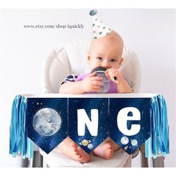 Outer Space Planets High Chair Banner Silver Astronaut Rocket 1st First Birthday Boy High Chair ONE Banner Party Printab