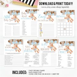 teddy bear baby shower games,boy baby shower game bundle,bear themed bingo the price is right instant download digital