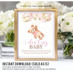 Teddy Bear Don't Say Baby Shower Game Sign , Printable Balloon Shh Don't Say Baby Shower Games, Bear Printable Digital I