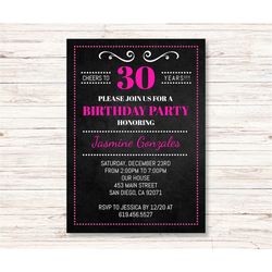 30th Birthday Party Invitation, INSTANT DOWNLOAD Digital Template, ANY Age,Chalkboard Pink Black White, Cheers to 30 Yea