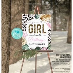 Leopard print Baby Shower Welcome sign, EDITABLE Safari Leopard Birthday sign decoration It's a Girl Instant Download Pr