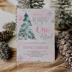 Editable Winter ONEderland Birthday Invitation First Birthday 1st Girl Pink Gold Watercolor Tree Christmas Snowflake Cor
