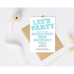 Simple Colorful Birthday Invitation Template, ANY AGE, Instant Download Blue Birthday Invitation for Boys Teens Kids Gir