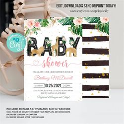 Editable Jungle gold Baby Shower Invitation, Wild One Baby Shower Invite, Baby Shower girl, Safari Printable template Di