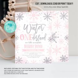 Editable Winter Onederland Invitation, Girl Snowflake First Birthday Pink Silver Winter Wonderland Invites 1st Birthday