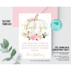 EDITABLE Pumpkin Thank you card Floral Pink and gold Girl Pumpkin First birthday Note card Fall Autumn Instant Download