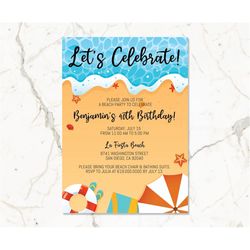 Beach Birthday Party Invitation Template for Men Women Kids, Summer Beach Birthday Party Invitation, Pool Birthday Invit