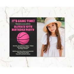 Pink Basketball Birthday Invitation for Girls with Photo/Pink Basketball Invitation for Kids/Pink Sports Birthday Invita